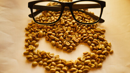Smiling coffee bean face wearing glasses