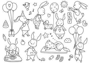 Cute little bunny set, kids coloring page. Hand drawn vector illustration. Black and white clip art.