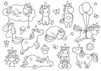 Cute unicorn set. Kids coloring page. Hand drawn vector illustration. Black and white clip art.
