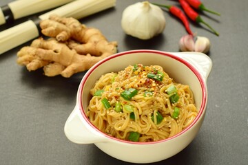 Somen noodle with spicy garlic ginger sesame soy sauce