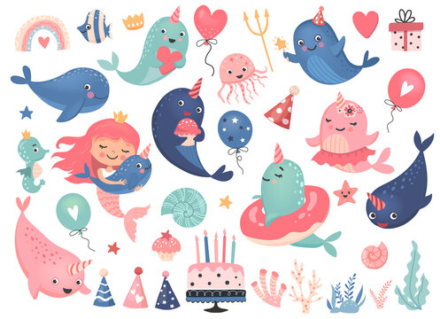 Cute narwhals, underwater animals set for birthday party decoration. Cartoon vector illustration.