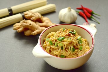 Somen noodle with spicy garlic ginger sesame soy sauce