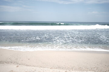 Fototapeta na wymiar wide expanse of sand beach needs and the sea is blue