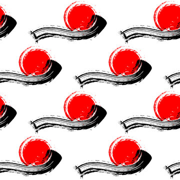 Abstract seamless pattern with black wavy brush strokes and red circles in Japanese style. Ink painted ornament isolated on white background. Grunge texture. Vector wallpaper.	