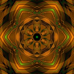 intricate abstract futuristic patterns and hexagonal kaleidoscopic designs in bright neon green and bright orange colour on a black background