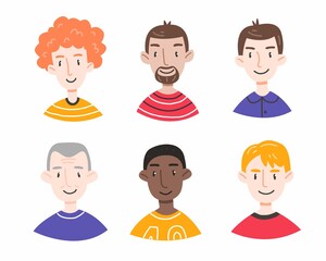 A set of portraits of different men in a cute cartoon style on a white background. Collection of avatars of people. Male faces. Vector illustration.