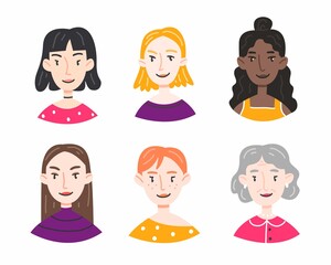 A set of portraits of different women and girls in a cute cartoon style on a white background. Collection of avatars of people. Women's faces. Vector illustration.