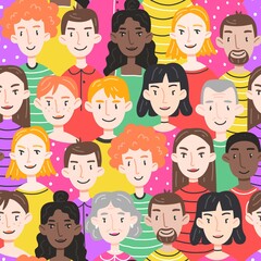 Seamless pattern with different people men and women of different ages. Vector illustration. Design of wallpaper, packaging, clothing.