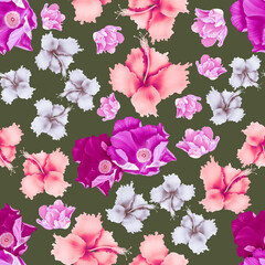 Seamless summer pattern with Flowers. Floral background stylish floral. legant flowers and leaves Roses Orchids Camomile