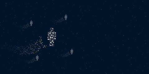 Fototapeta na wymiar A man symbol filled with dots flies through the stars leaving a trail behind. Four small symbols around. Empty space for text on the right. Vector illustration on dark blue background with stars