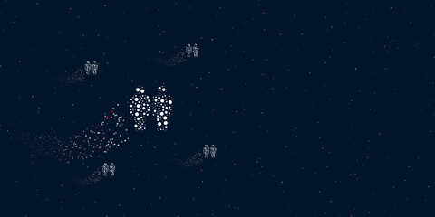 A man with man symbol filled with dots flies through the stars leaving a trail behind. There are four small symbols around. Vector illustration on dark blue background with stars
