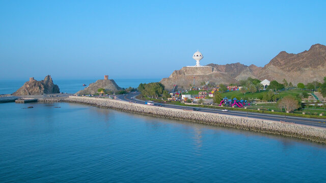 Aerial view of Al Riyam park with the giant incense burner at the corniche in Muscat. Oman