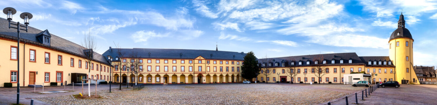 District town of Siegen, Lower Castle with Castle Tower and University Lecture Hall Building. Unteres Schloss mit Schlossturm und H&ouml;rsaalgeb&auml;ude der Universit&auml;t