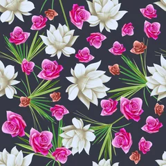 Foto op Plexiglas Colourful Seamless Pattern with tropic flowers and leaves. Hi quality fashion design. Fresh and unique botanical background © Natalia @themishaart