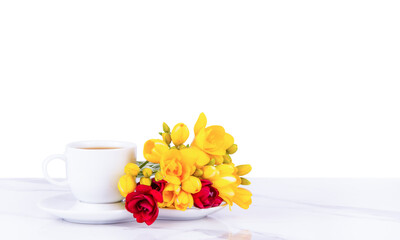Obraz na płótnie Canvas Banner with coffee cup. Morning coffee and flowers on a white background.