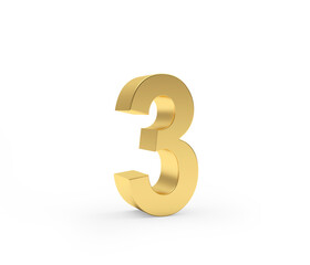 Number three is made of gold metal on a white background. 3d illustration 