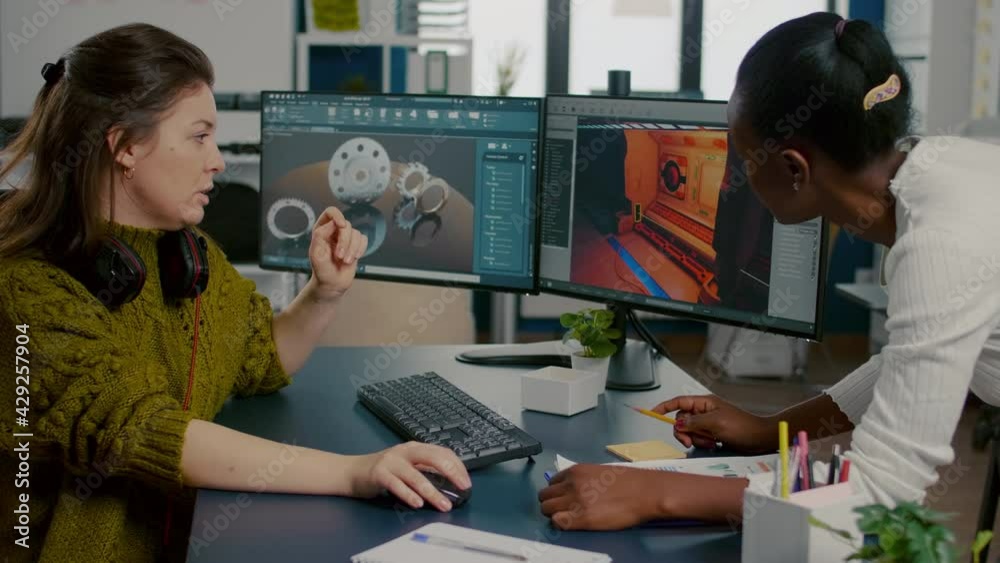 Poster gamer creator explaning to african worker how testing game level interface, developing new design in