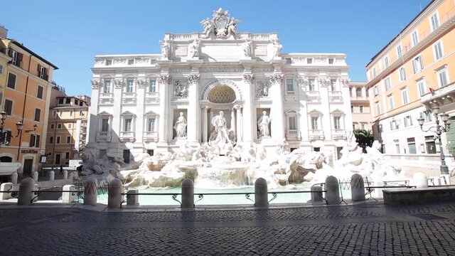 Rome, Italy. Fontana di Trevi during Easter on April 2021. Empty square cause for coronavirus pandemic emergency