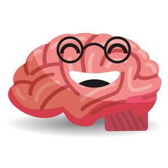 Brain with glasses smiling, cute positive character . Vector flat cartoon style isolated