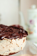 Delicious homemade dessert / Rich Dark Chocolate Cake / Moist, creamy and bitter chocolate taste. Best eaten fresh or refrigerated. Sweets for birthday concept