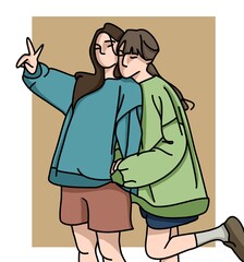 outline illustration of two fashionable girls