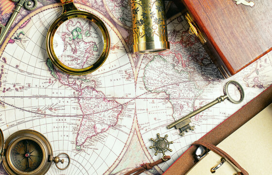 Retro travel with a map, compass, diary, and telescope