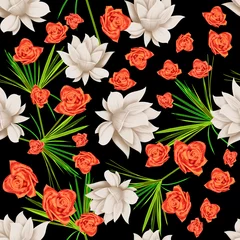 Behang Colourful Seamless Pattern with tropic flowers and leaves. Hi quality fashion design. Fresh and unique botanical background © Natalia @themishaart