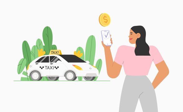 A Young Woman Is Paying For A Taxi Car Online On The Smartphone. Online Ordering Taxi Car Or Cashless Payment On The Mobile App.