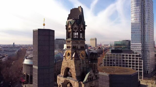 Famous Kaiser Wilhelm Memorial Church in Berlin. Amazing drone footage