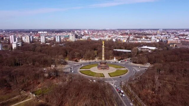 Famous Berlin Victory Column in the city center called Siegessaeule. Amazing drone footage