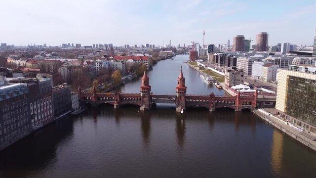 River Spree in the city of Berlin with Oberbaum Bridge. Amazing drone footage