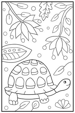 Turtle. Hand drawn coloring for kids and adults. Beautiful simple drawings with patterns. Coloring book pictures with animals. Vector