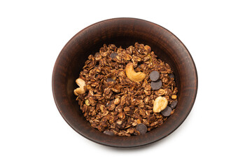 Chocolate granola cereal with nuts in a bowl background.