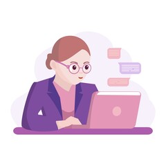 Businesswoman working with note book Office worker wearing suit and glasses Cartoon vector illustration