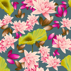Colourful Seamless Pattern with tropic flowers and leaves. Seamless tropical flower, plant and leaf pattern background. Hawaii jungle flowers.... - 429261199
