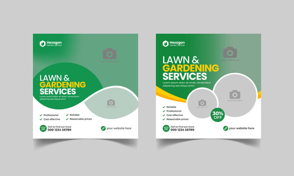 Lawn Mower Garden or Landscaping Service Social Media Post and Web Banner Square Template Design