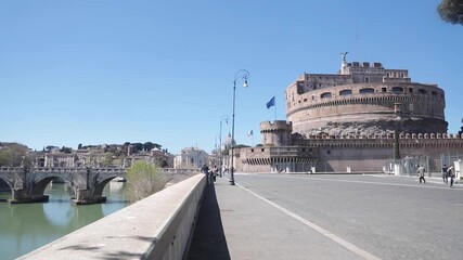 Rome, Italy. Castel Sant'Angelo during Easter on April 2021. Empty bridge cause for coronavirus pandemic emergency