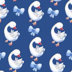 Watercolor blue pattern goose with bow and elements