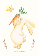 Handpainted watercolour rabbit with carrot