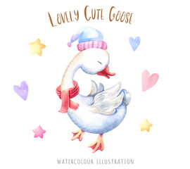 handdrawing watercolor cute goose with elements