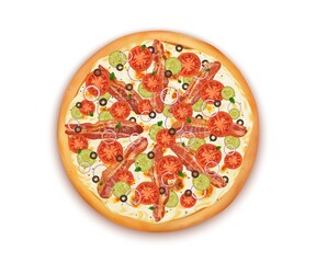 Realistic Detailed 3d Top View of Delicious Pizza. Vector