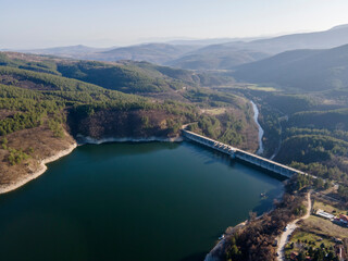 Obraz premium Aerial view of Topolnitsa Reservoir, Bulgaria