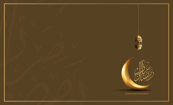 Ramadan vector design with calligraphy, lantern and moon golden color isolated on brown background