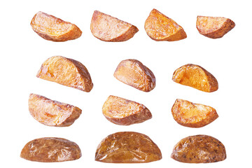Collection of delicious potato wedges, isolated on white background.