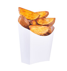 fried potato wedges in a white carton box isolated on white background. baked potatoes wedges in a...