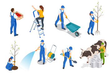 Isometric set of farmers or agricultural workers planting crops, farmer with a wheelbarrow, harvesting, planting a fruit tree, farmer watering plants, digging the ground isolated on white background