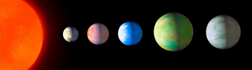 Alien planetary system. Space panorama. Extrasolar system with a star and exoplanets.