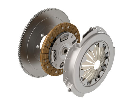 3D illustration, set to replace the automobile clutch (composed of damping flywheel, drive and basket) on a white background