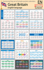 English horizontal pocket calendars for 2022. Week starts Sunday