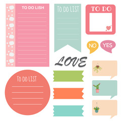 Cute paper notes. Stationary set. Scrapbook notes and cards.Printable planner stickers. Template for your message. Decorative planning element. Vector illustration.
